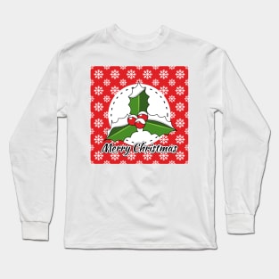 Holly on Red White Snowflakes Pattern - Merry Xmas Long Sleeve T-Shirt